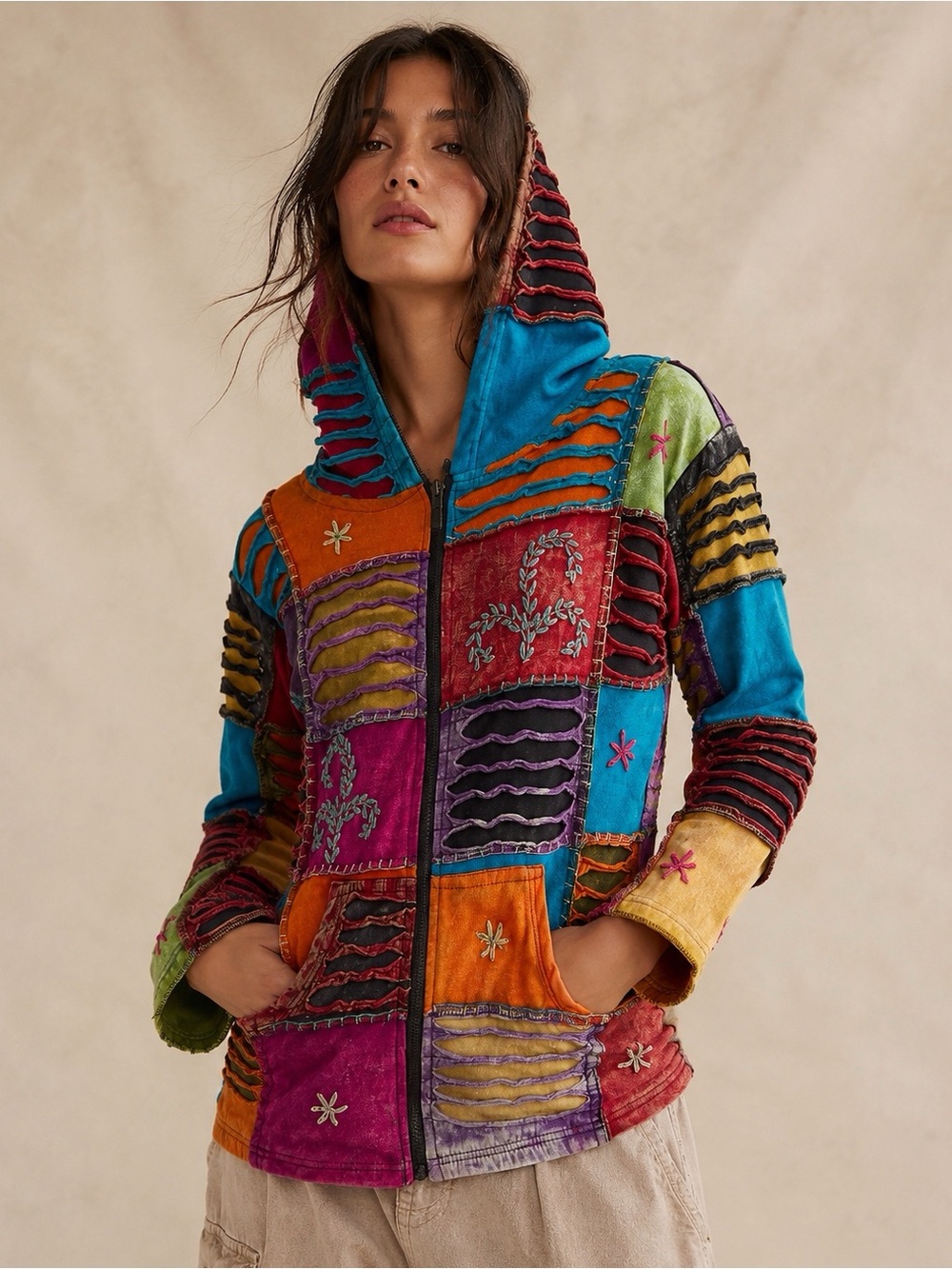VTG Handmade Woman Patchwork Embroidery Zip-Up Hoodie Sweater MEDIUM Boho Folk